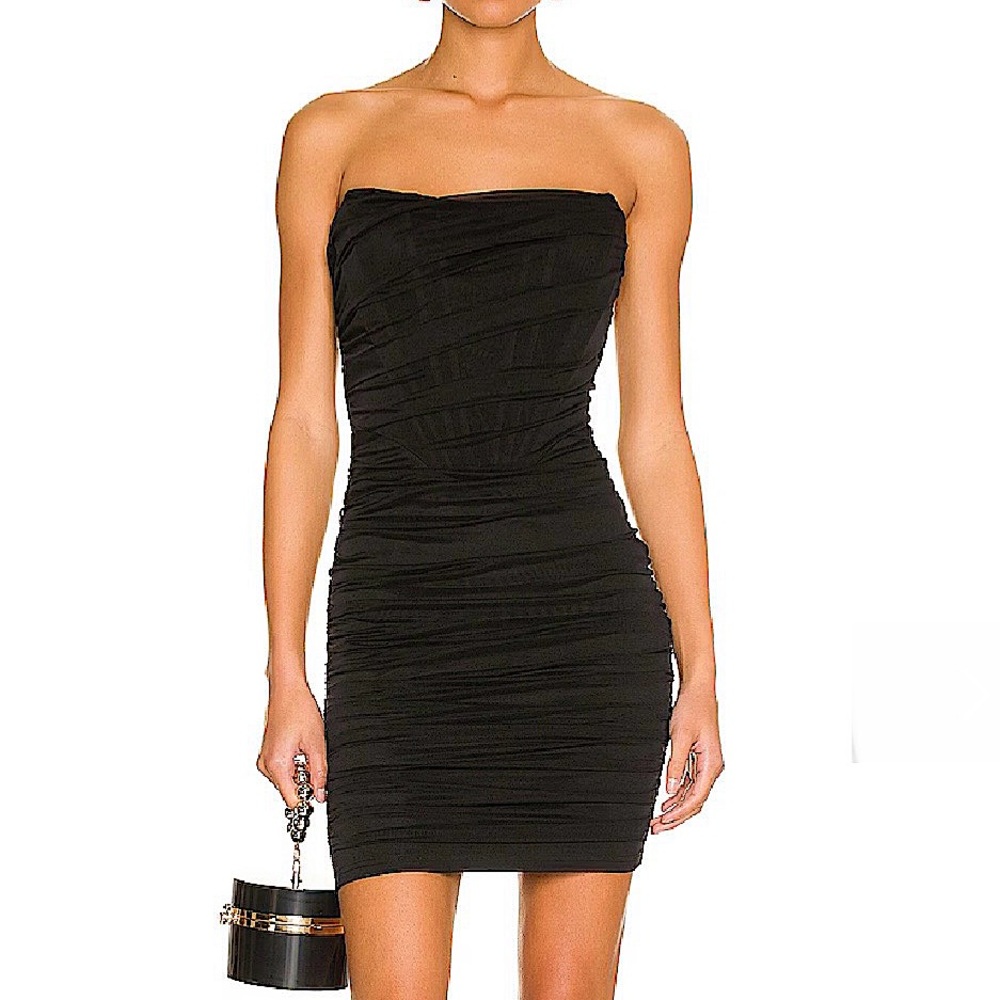 Superdown Sonya Bustier Mesh Strapless Dress in Black